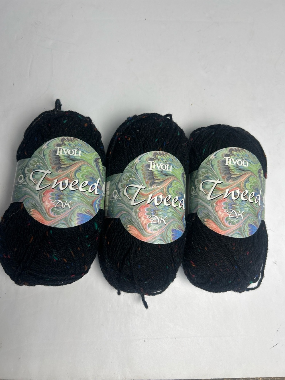 3 Tivoli Tweed DK discontinued 100% wool yarn black featuring colorful flecks